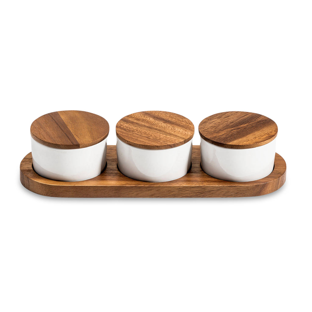 Condiment Serving Set 3 Ceramic Bowls with Lids 13" x 3.75" - The Mossy Bough