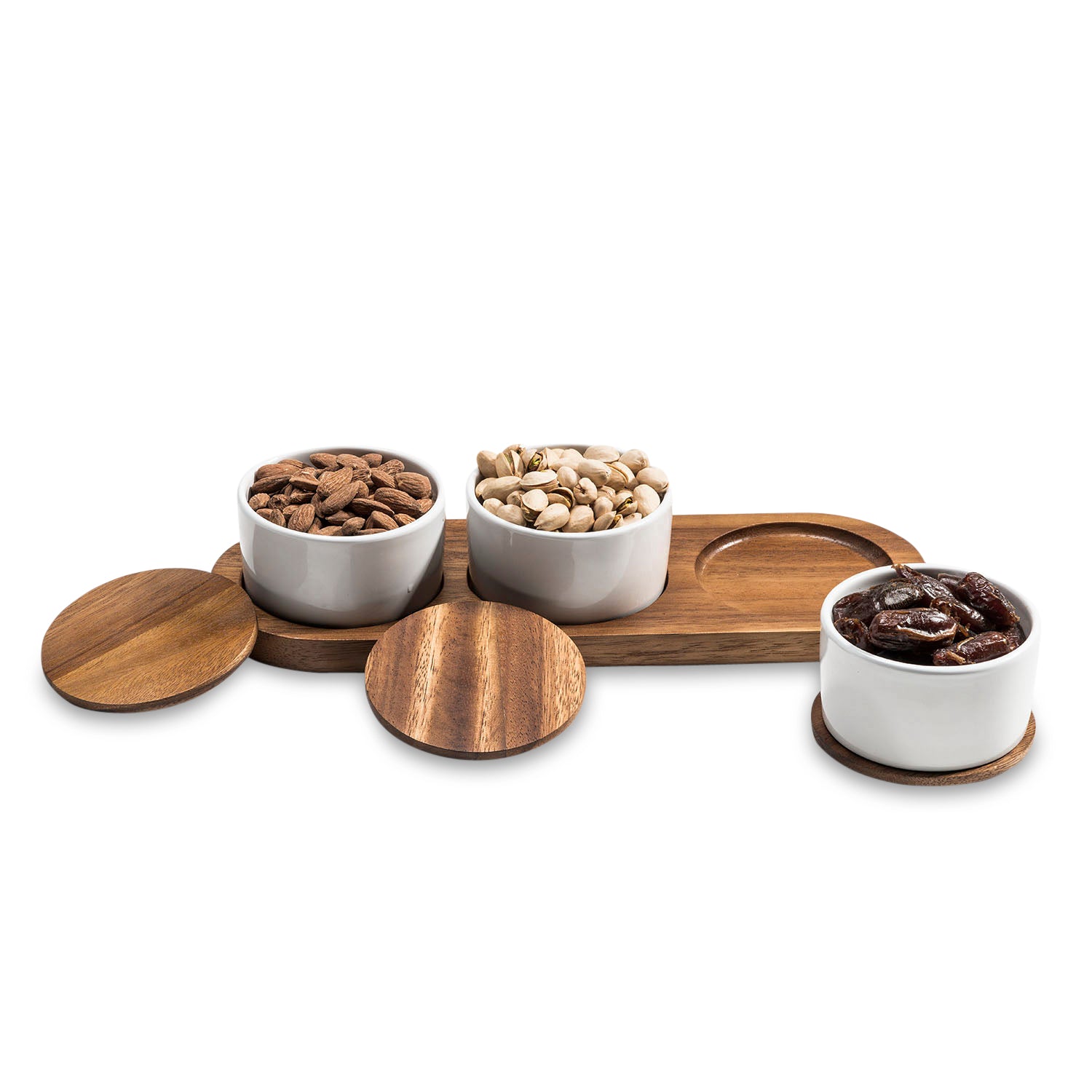 Condiment Serving Set 3 Ceramic Bowls with Lids 13" x 3.75" - The Mossy Bough