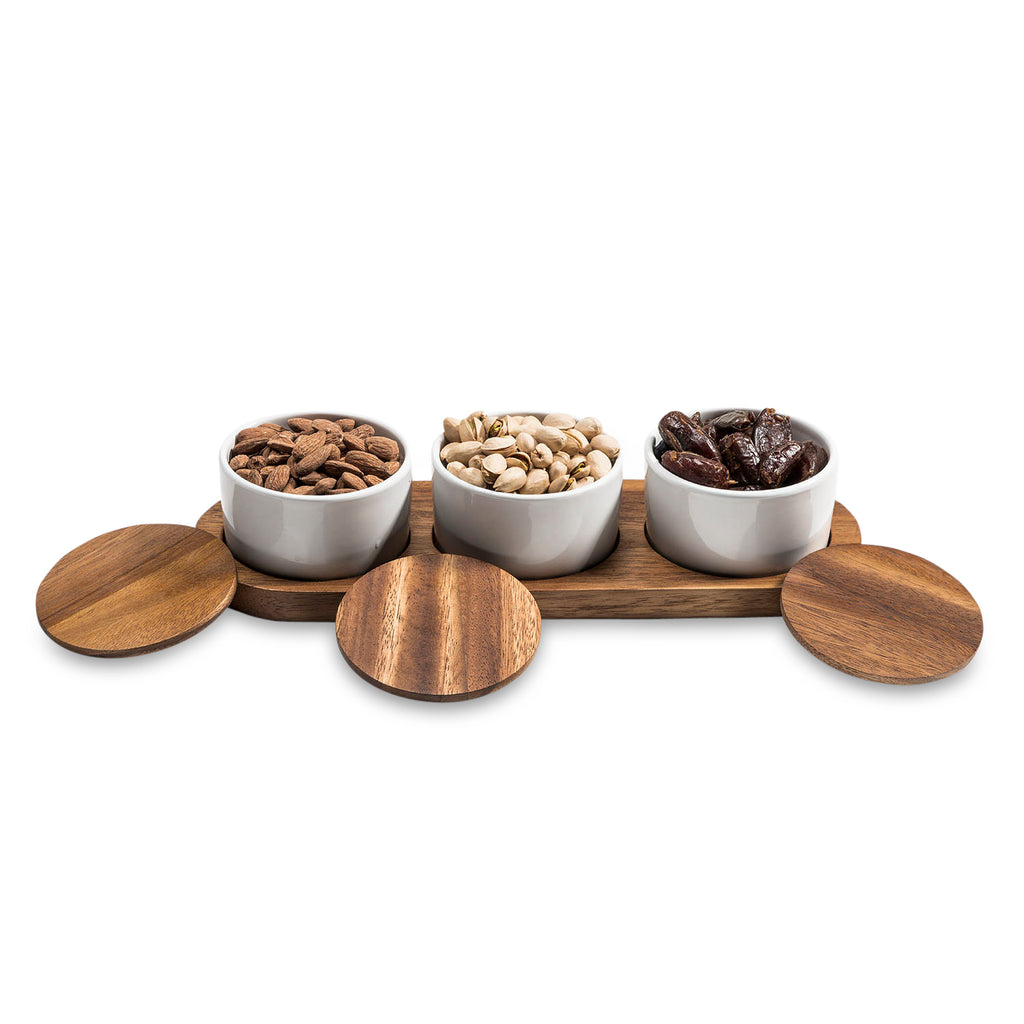 Condiment Serving Set 3 Ceramic Bowls with Lids 13" x 3.75" - The Mossy Bough