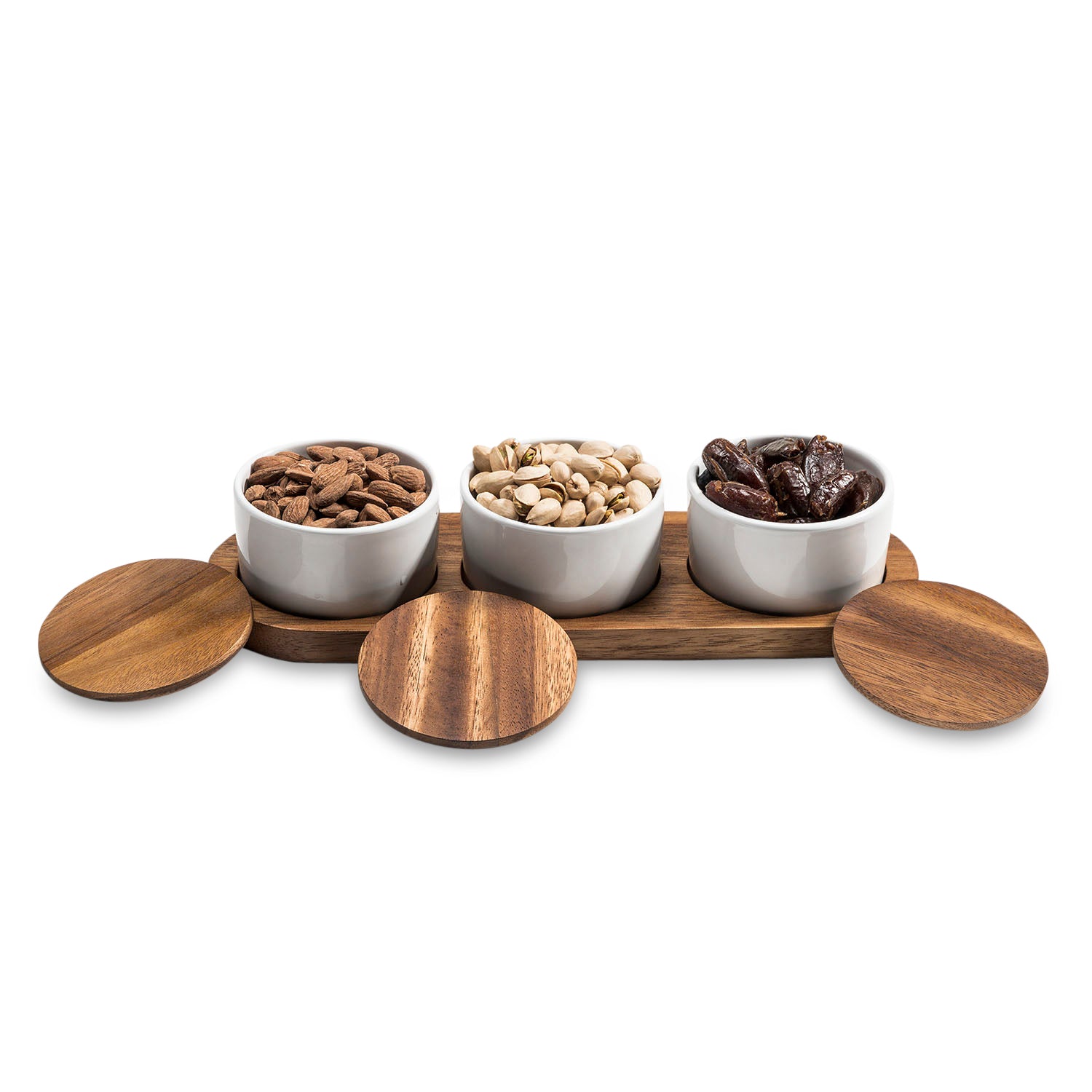 Condiment Serving Set 3 Ceramic Bowls with Lids 13" x 3.75" - The Mossy Bough